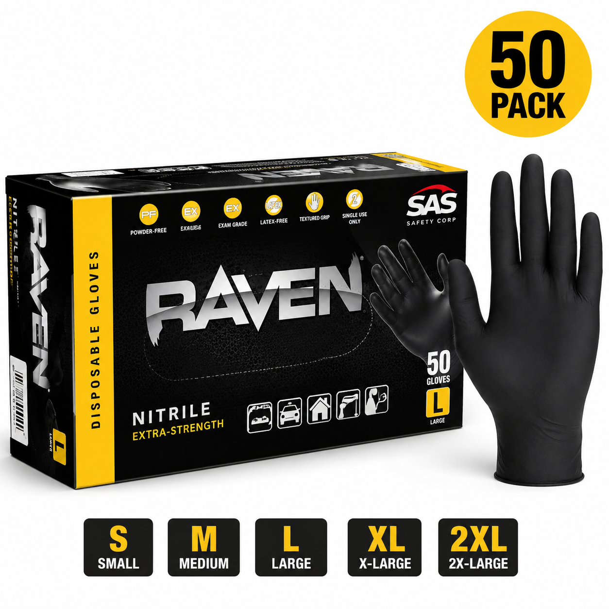 SAS® Raven® Extra Strength Black Nitrile Disposable Gloves – 50 Pack