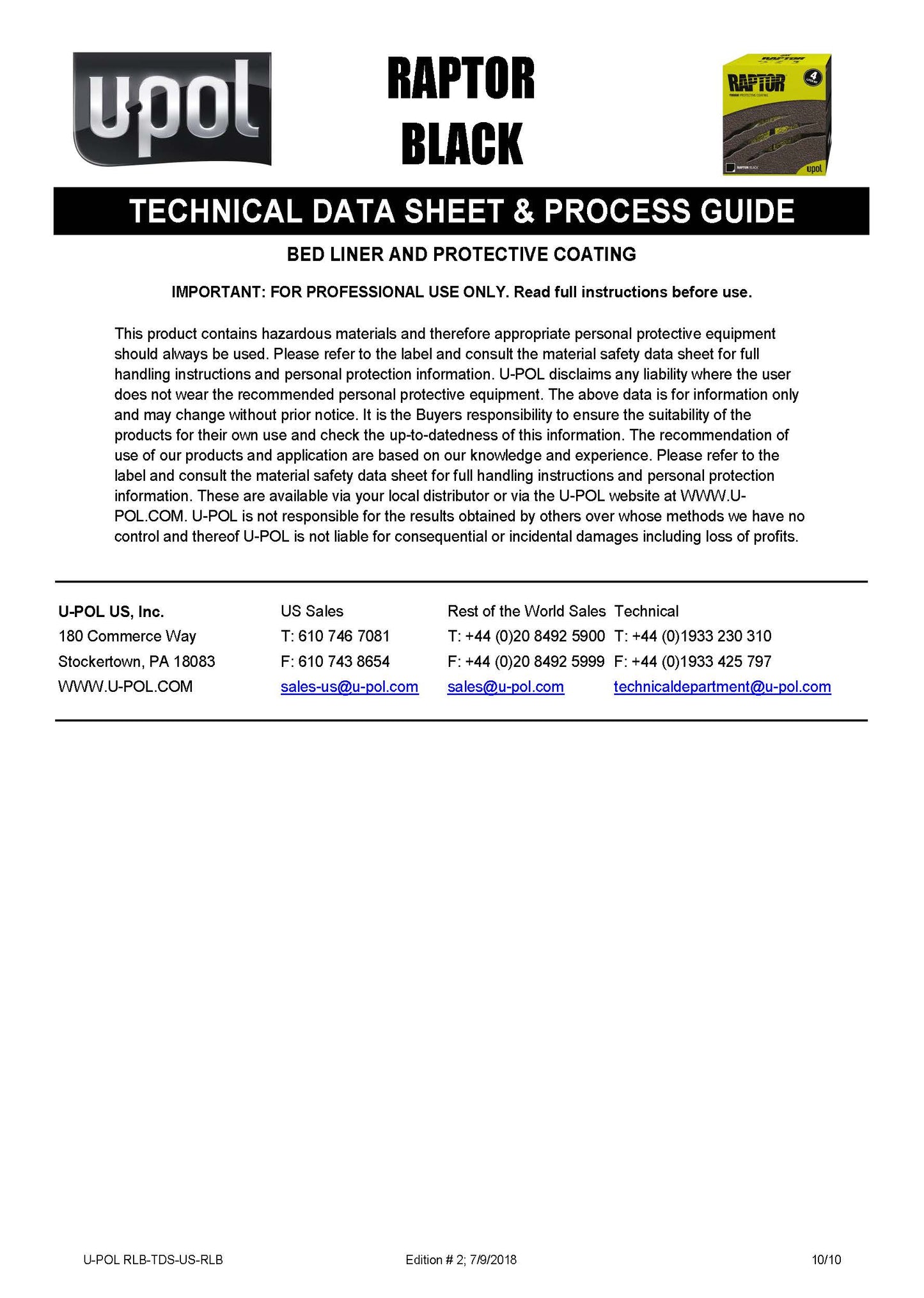 U-POL® RAPTOR® Black Low VOC Bedliner Kit – 1 Gallon (UP0820) Upol