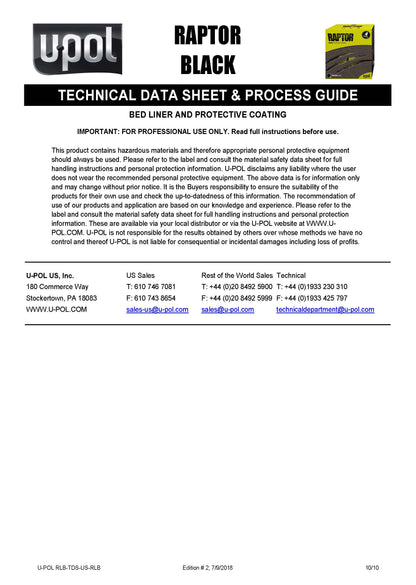 U-POL® RAPTOR® Black Low VOC Bedliner Kit – 1 Gallon (UP0820) Upol