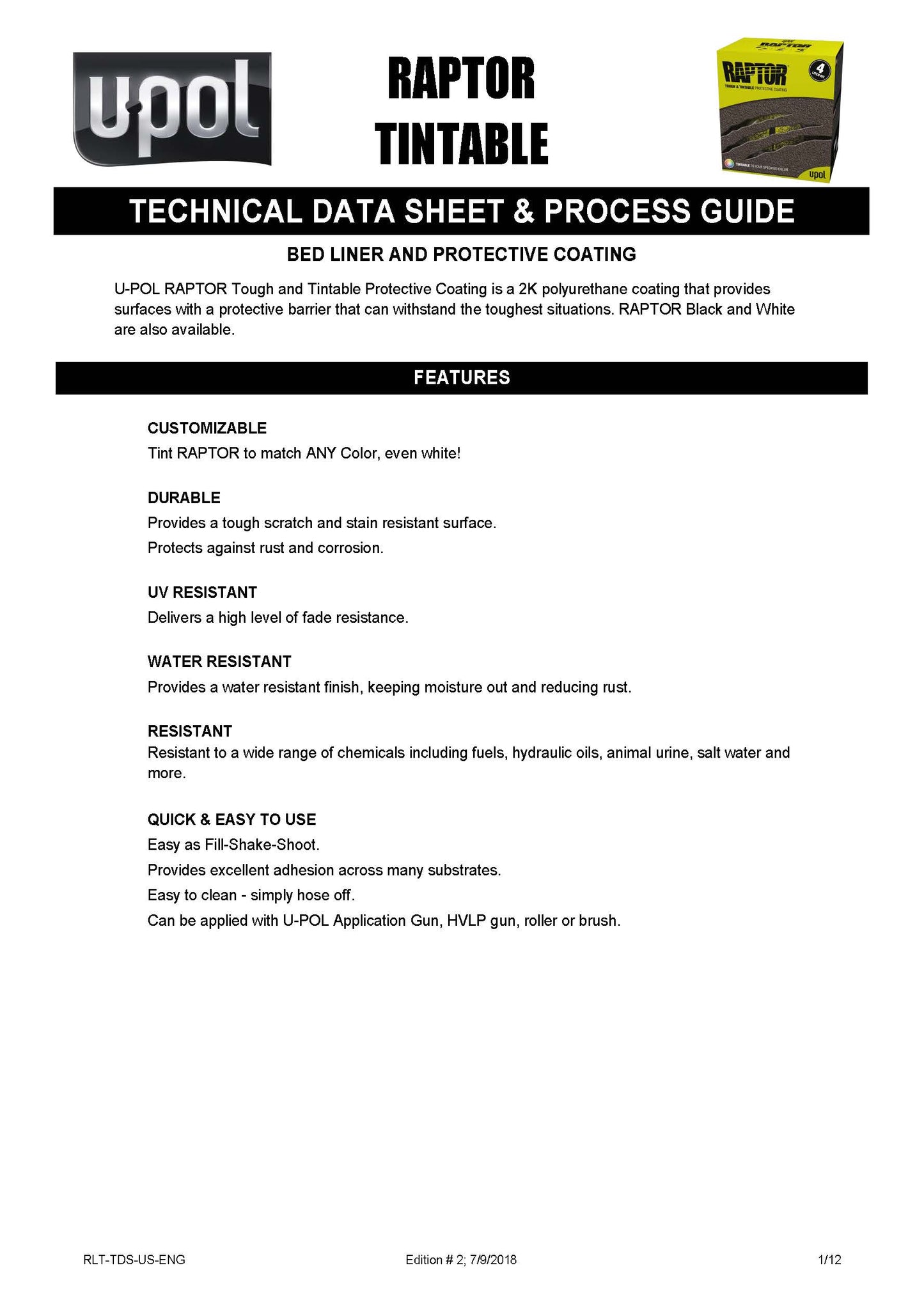 U-POL RAPTOR® Tintable Bedliner Kit – Low VOC (1 US Gallon Kit, 3:1 Mix) Upol