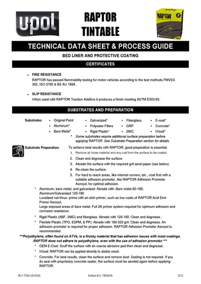 U-POL RAPTOR® Tintable Bedliner Kit – Low VOC (1 US Gallon Kit, 3:1 Mix) Upol