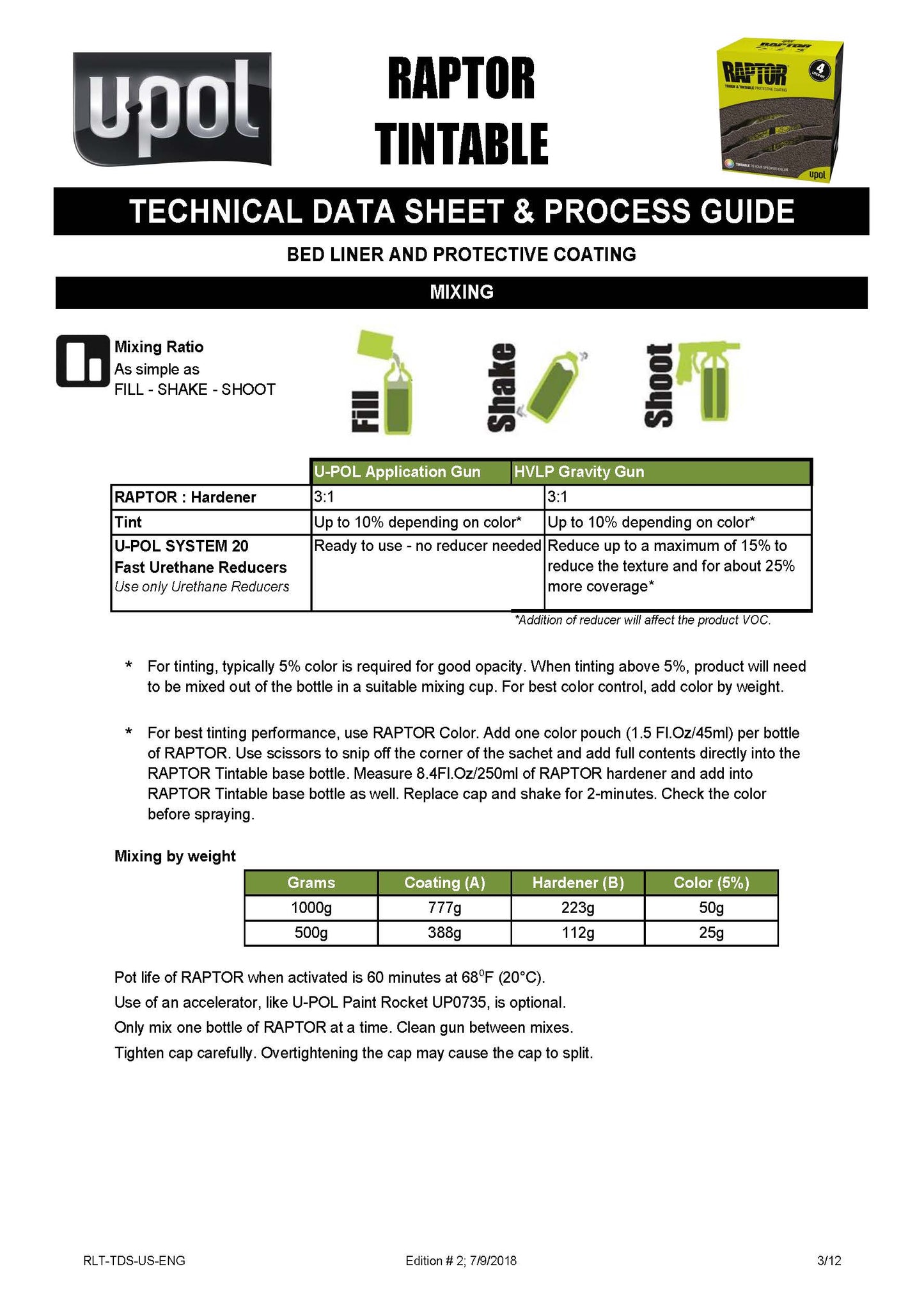 U-POL RAPTOR® Tintable Bedliner Kit – Low VOC (1 US Gallon Kit, 3:1 Mix) Upol
