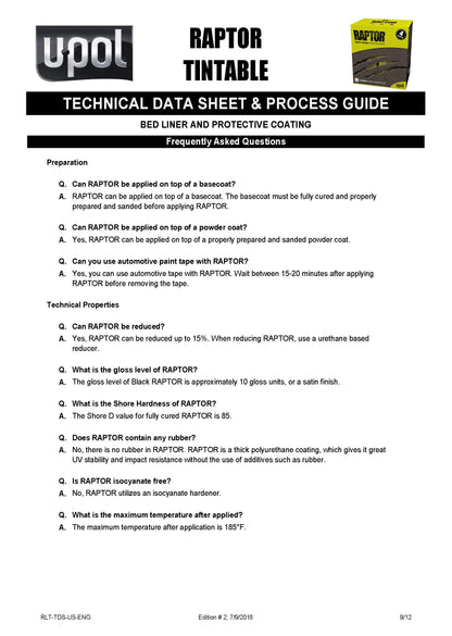 U-POL RAPTOR® Tintable Bedliner Kit – Low VOC (1 US Gallon Kit, 3:1 Mix) Upol