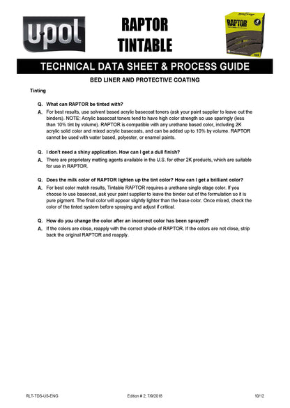 U-POL RAPTOR® Tintable Bedliner Kit – Low VOC (1 US Gallon Kit, 3:1 Mix) Upol